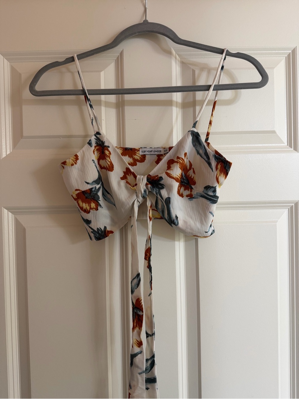 Floral Tie-Front Crop Top - White with Rust Floral